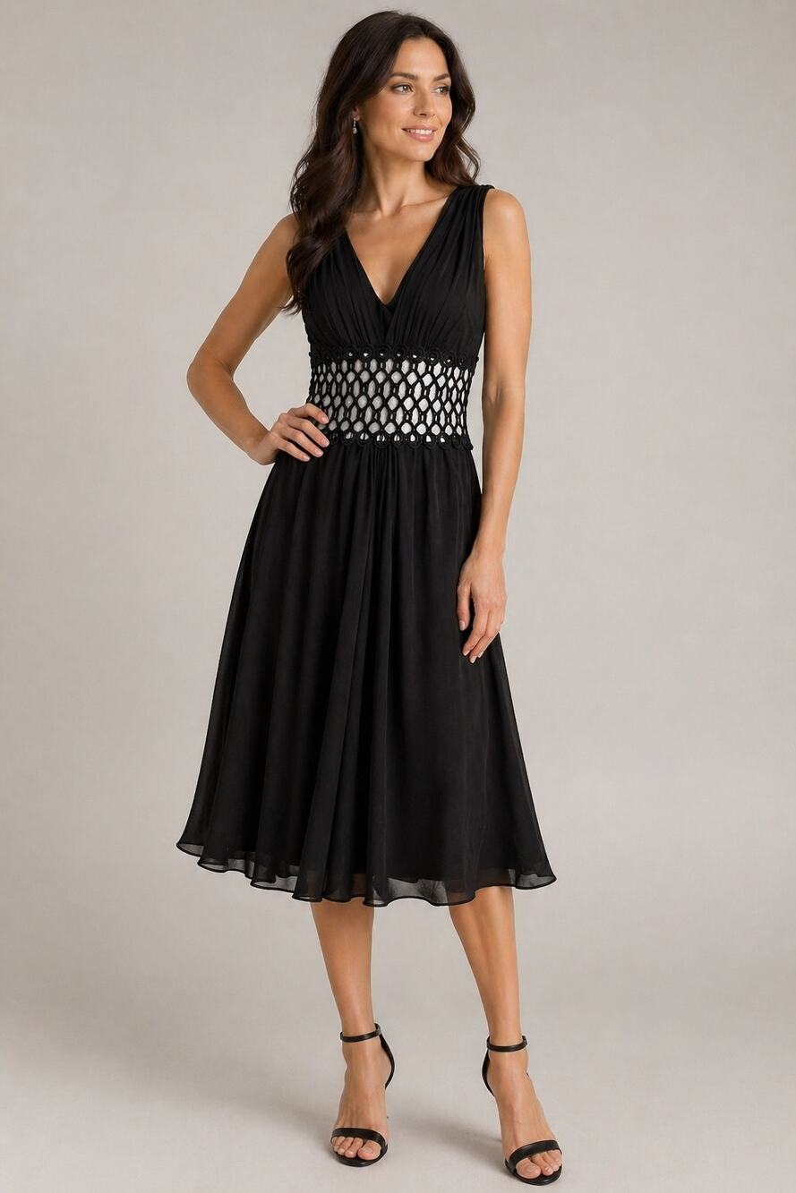 Kay Unger Black Fit & Flare Dress Size 6 Crochet Mesh Waist Pleated